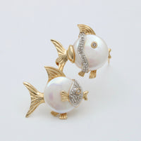 Vintage Pearl and Diamond Double Fish Pendant, Pin
