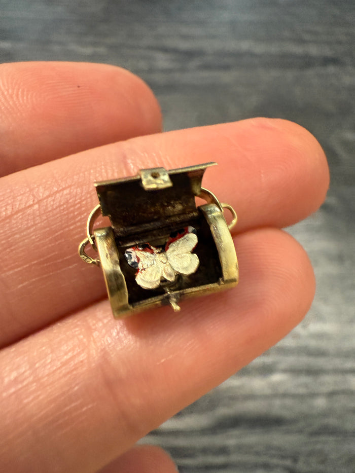 Vintage Articulated Suitcase Bag Charm with Butterfly Inside (A)