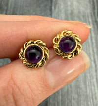 Cabochon Amethyst and Swirled Border Stud Earrings In 14K Gold
