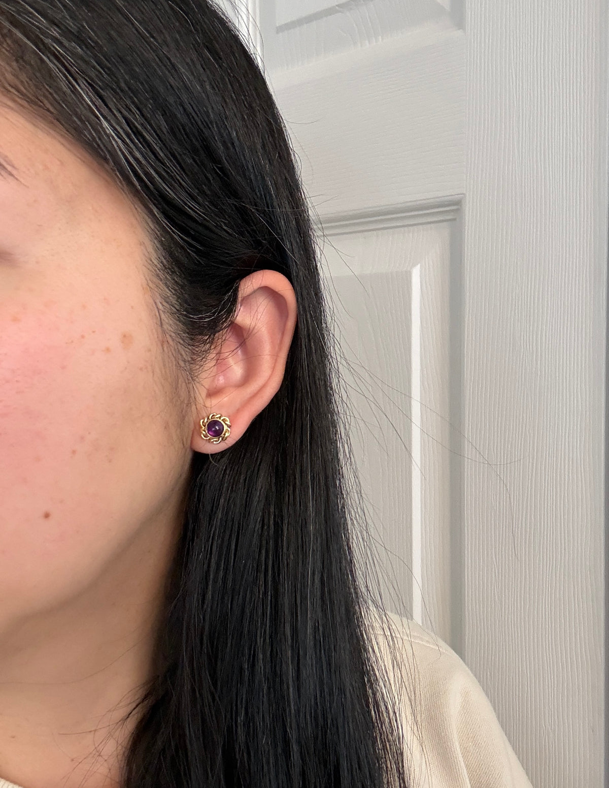 Cabochon Amethyst and Swirled Border Stud Earrings In 14K Gold