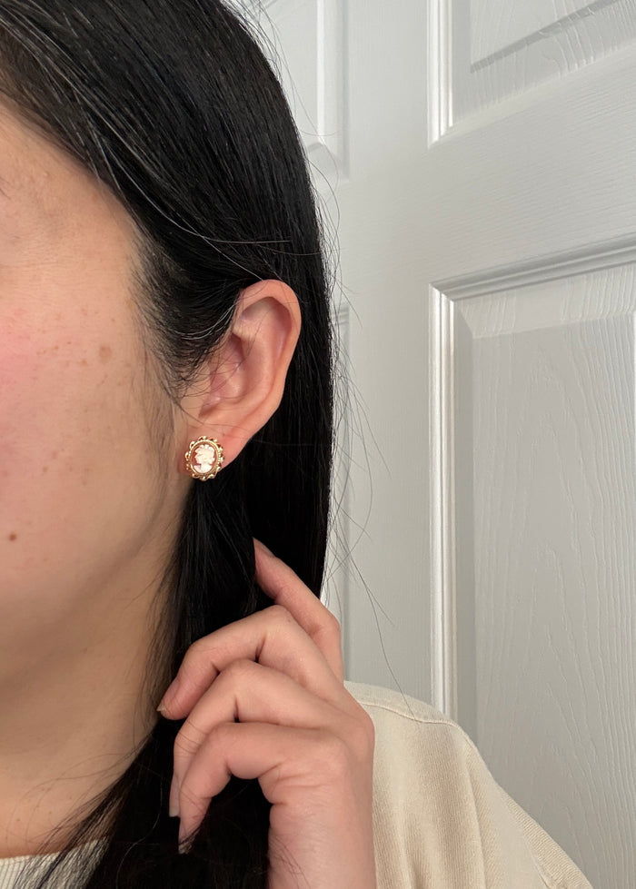 Vintage Carved Shell Cameo and 14K Gold Stud Earrings