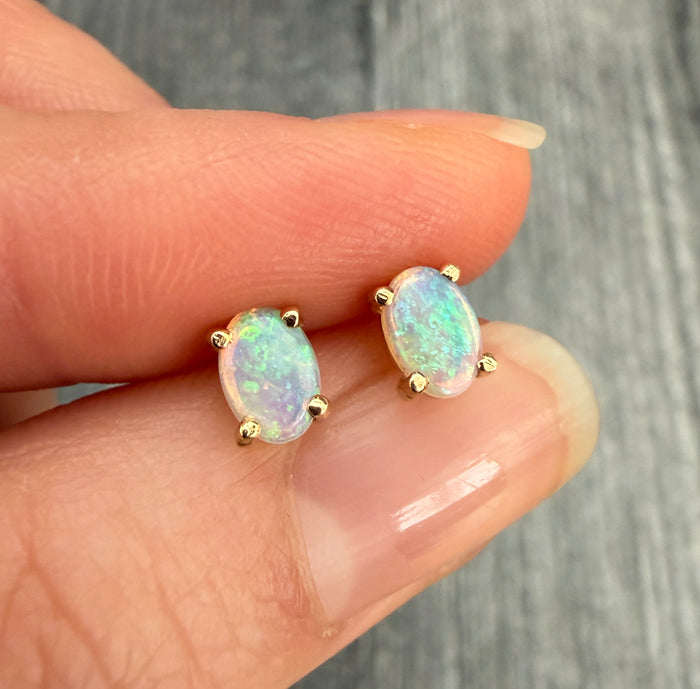 Small Rainbow Opal and 14K Gold Stud Earrings