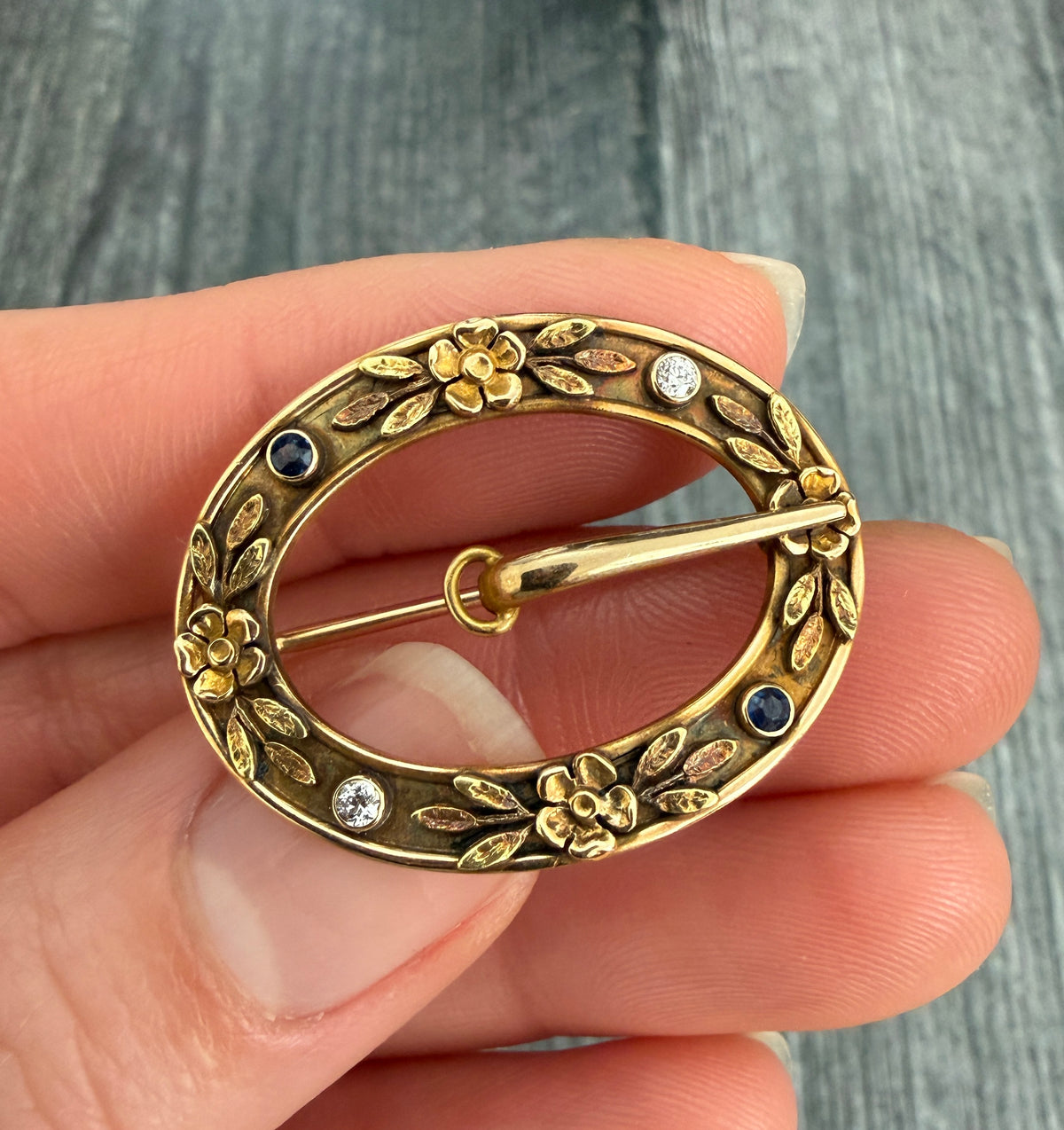 Art Nouveau Diamond and 14K Gold Floral Motif Buckle Pin