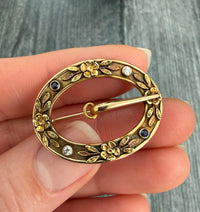Art Nouveau Diamond and 14K Gold Floral Motif Buckle Pin