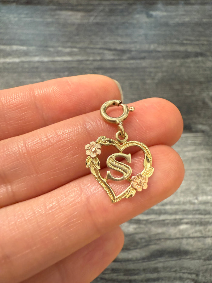 14K Bicolor Gold Initial "S" Heart Charm