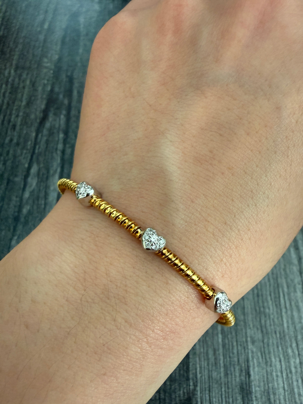 Vintage Diamond Heart and 18K Gold Gas Pipe Style Cuff Bracelet