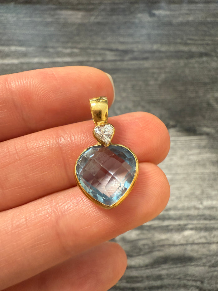 Checkerboard Heart Shaped Blue Topaz and 18K Gold Charm