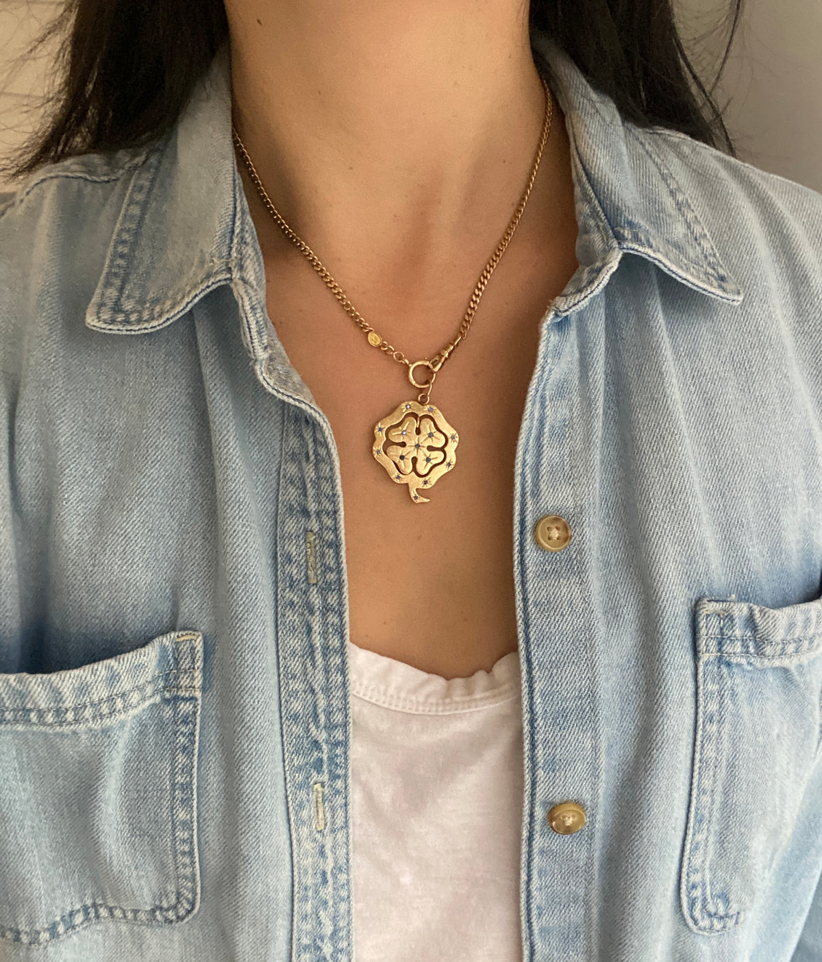 Double-Sided 14K Gold Dangling Four Leaf Clover Charm