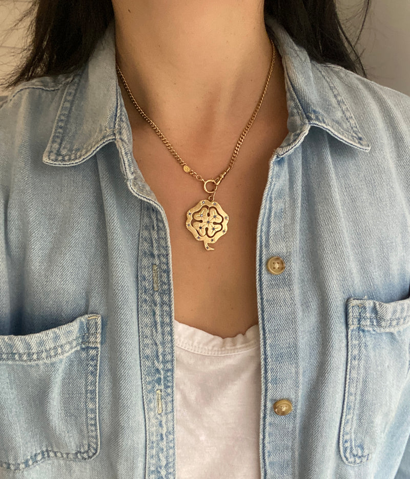 Double-Sided 14K Gold Dangling Four Leaf Clover Charm