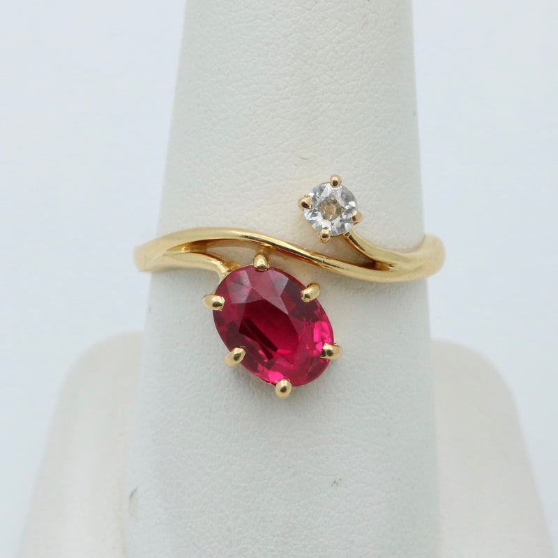 Vintage 18K Gold, Diamond, and Man-Made Ruby Wrap Ring