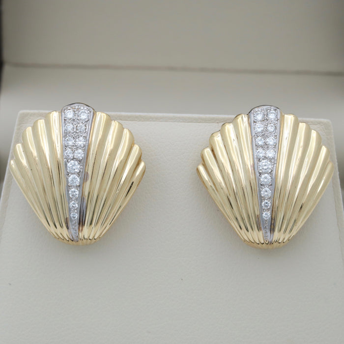 Vintage Diamond and 14K Gold Shell Earrings