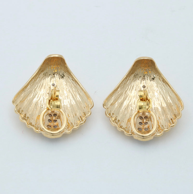 Vintage Diamond and 14K Gold Shell Earrings