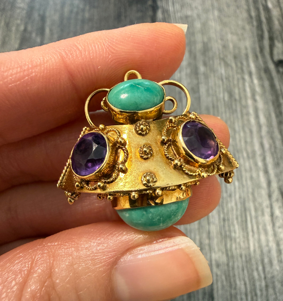 Etruscan Revival Turquoise & Amethyst Charm in 14K Gold (I)