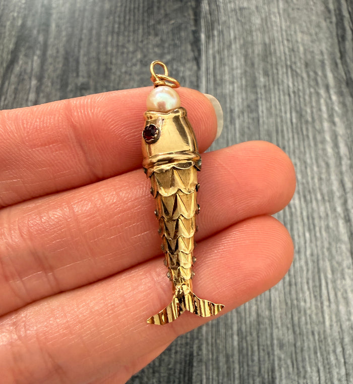 Vintage 14K Gold Articulated Fish Charm with Pearl