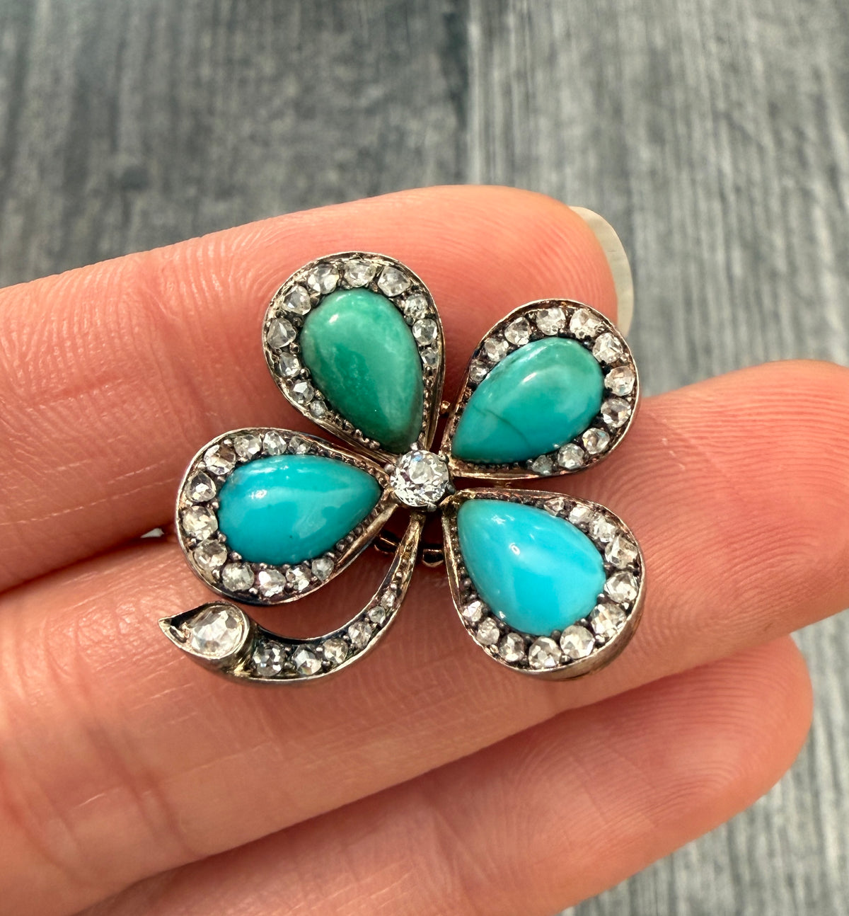 Victorian Turquoise & Diamond Clover Brooch (S)