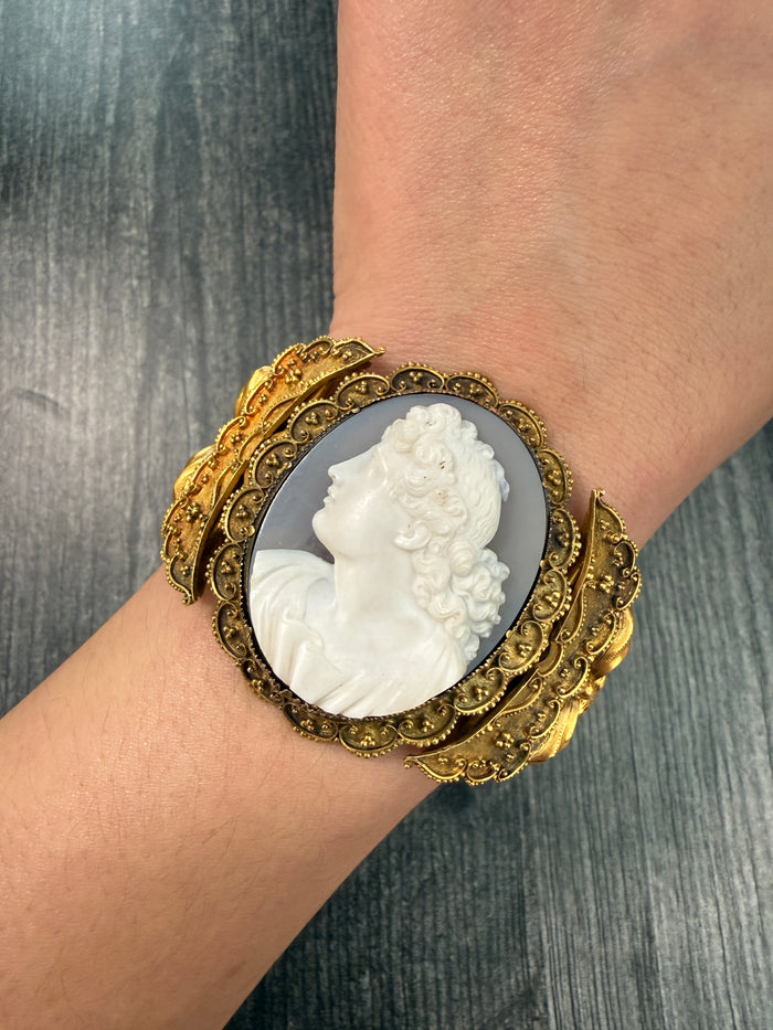 Victorian Carved Hardstone Cameo Etruscan Revival Statement Bracelet