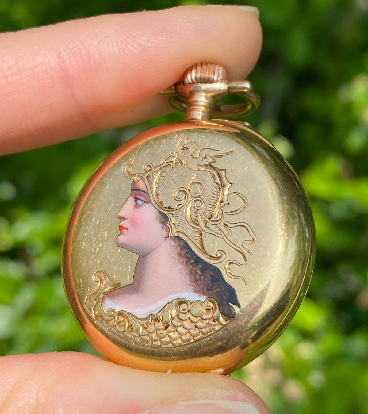 Art Nouveau Enamel Woman Warrior 18K Gold Pocket Watch