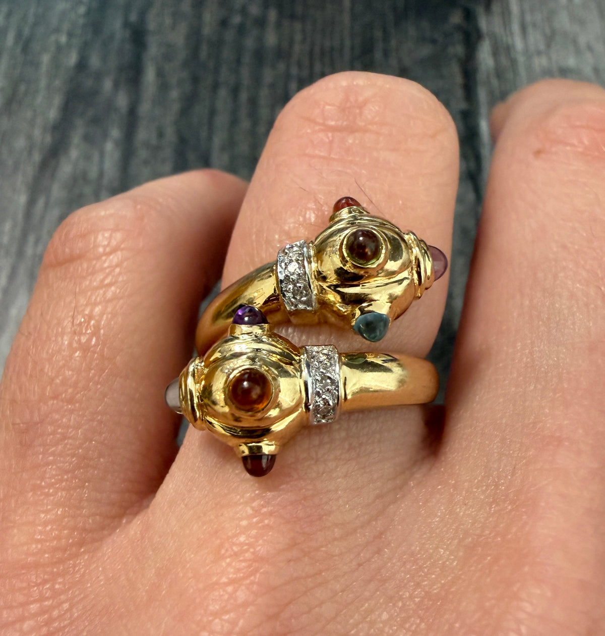 Funky Multicolor Gemstone Bypass Ring in 14K Gold