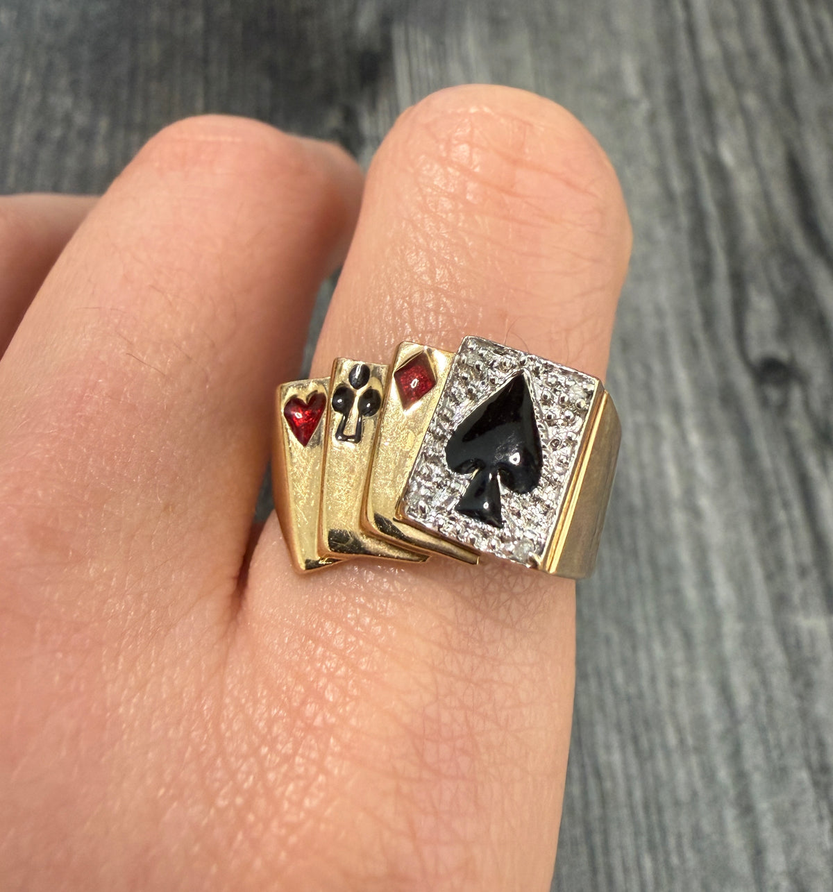 Playing Card Suits Enamel Ring In 10K Gold (S)