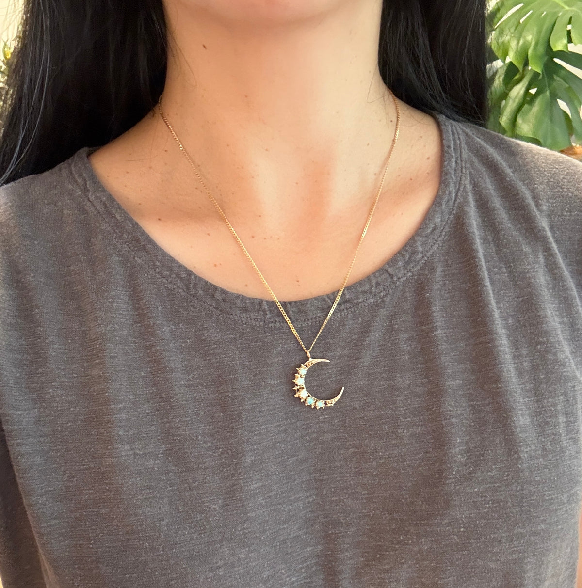 Opal and 14K Gold Crescent Pendant