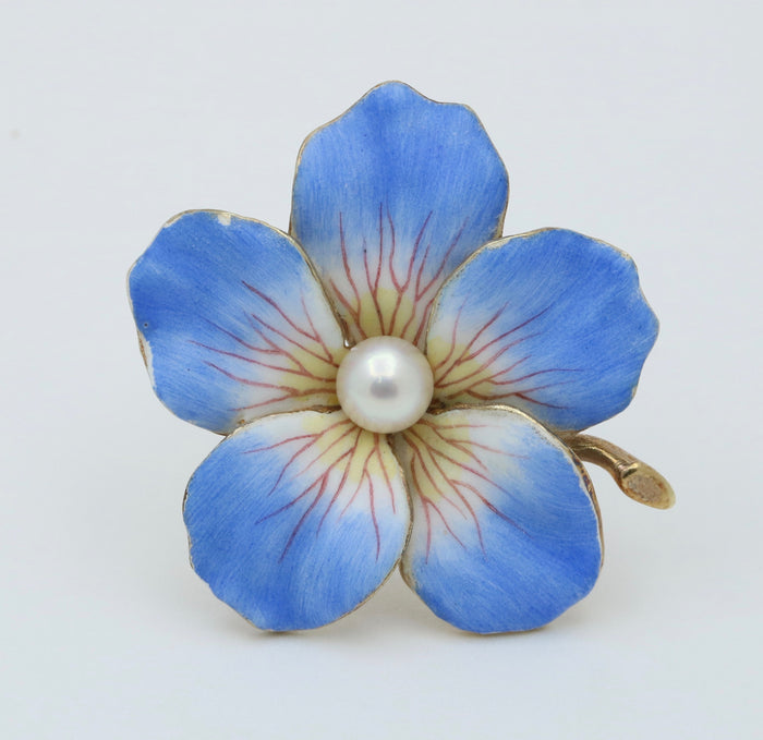 Art Nouveau Larter & Sons Blue Enamel and Pearl Flower Pin