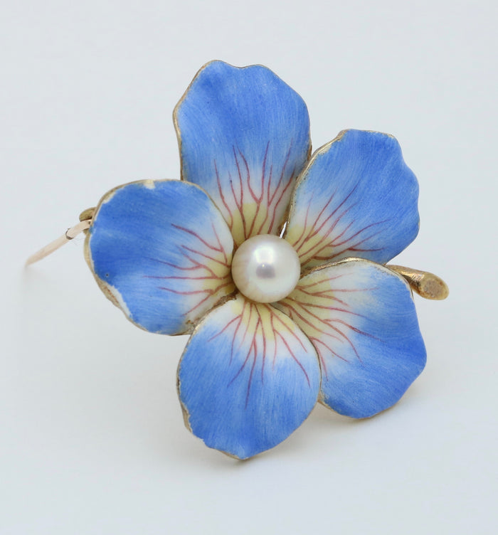 Art Nouveau Larter & Sons Blue Enamel and Pearl Flower Pin