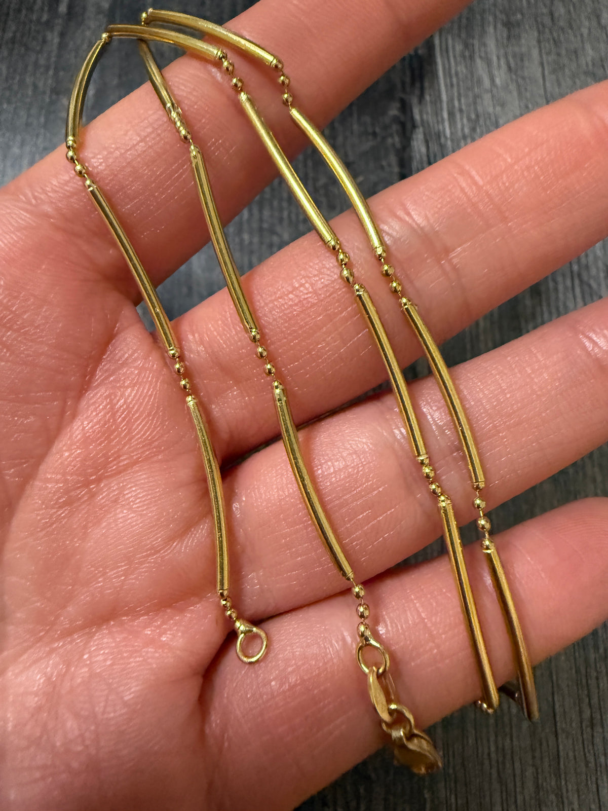 Vintage 18K Gold Curved Bar Link and Ball Chain, 17.6" Long