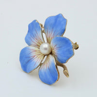 Art Nouveau Larter & Sons Blue Enamel and Pearl Flower Pin