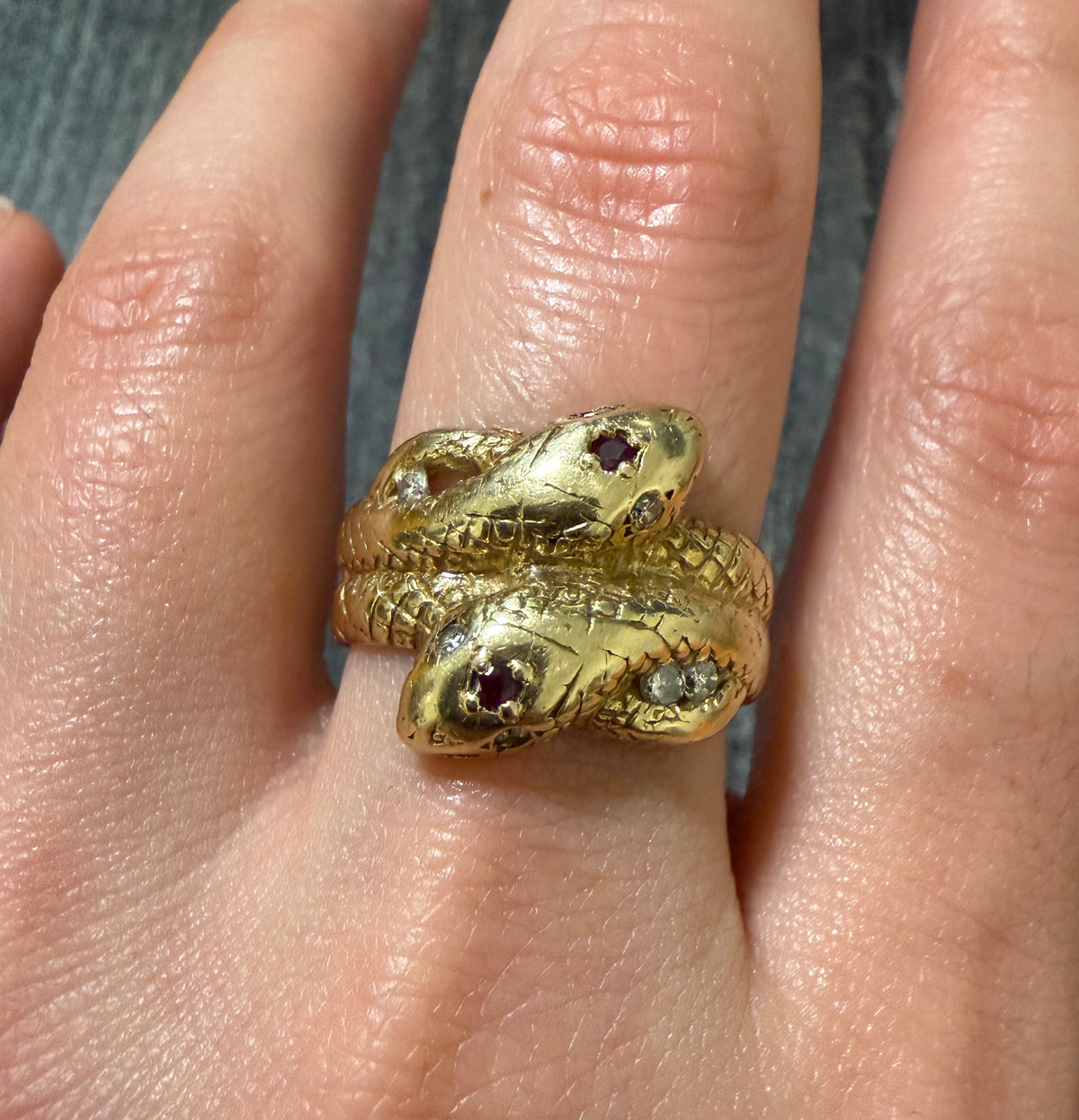 Double Snake Head Diamond Ring in 14K Gold