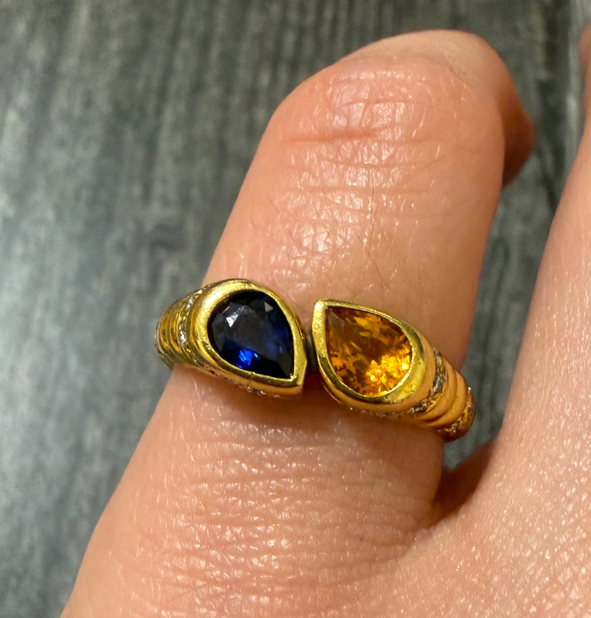 Pear Shaped Blue and Yellow Sapphire Bypass Ring