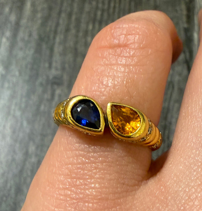 Pear Shaped Blue and Yellow Sapphire Bypass Ring