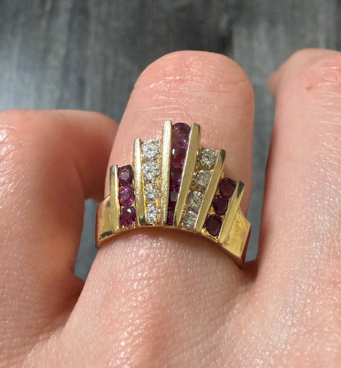 Architectural Diamond and Ruby Ring in 14K Gold
