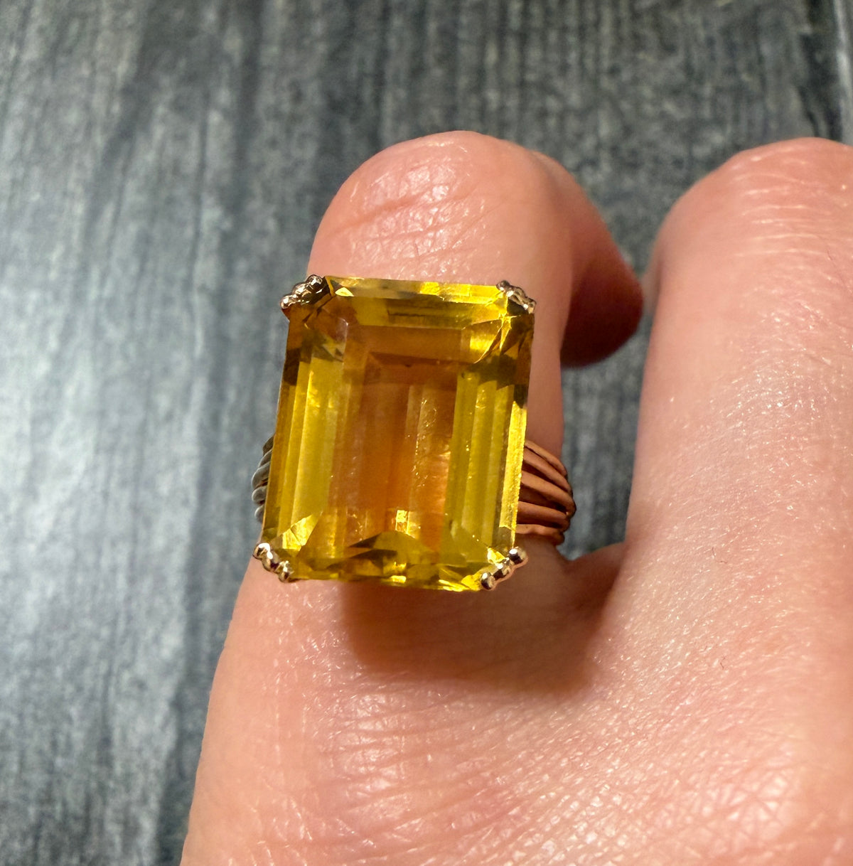Retro Emerald Cut Citrine and 18K Gold Cocktail Ring (S)