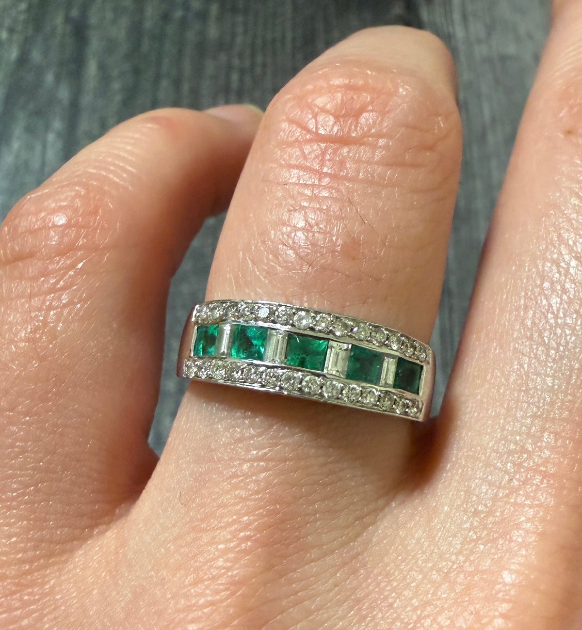 Emerald and Diamond Band in 14K White Gold