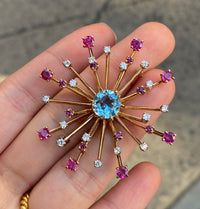 Retro Aquamarine, Diamond, and Ruby Starburst Brooch