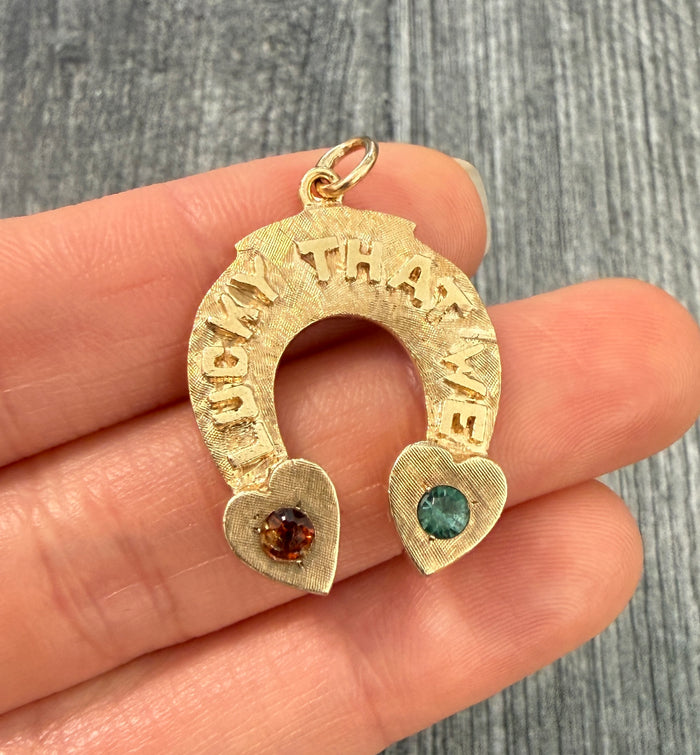 Vintage Horseshoe and Double Heart Charm in 14K Gold (S)