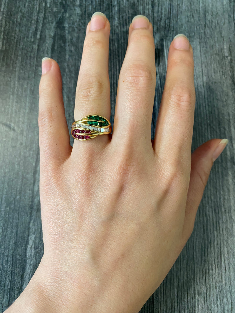 Natural Emerald, Ruby, and Diamond Leaf Ring