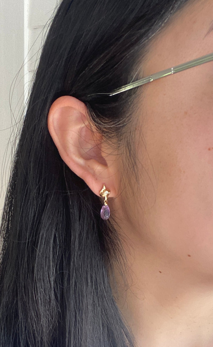 Vintage Carved Amethyst Briolette and Diamond Dangling Earrings