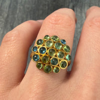 Cabochon Peridot and Blue Topaz Hydrangea Cluster Ring in 18K Gold