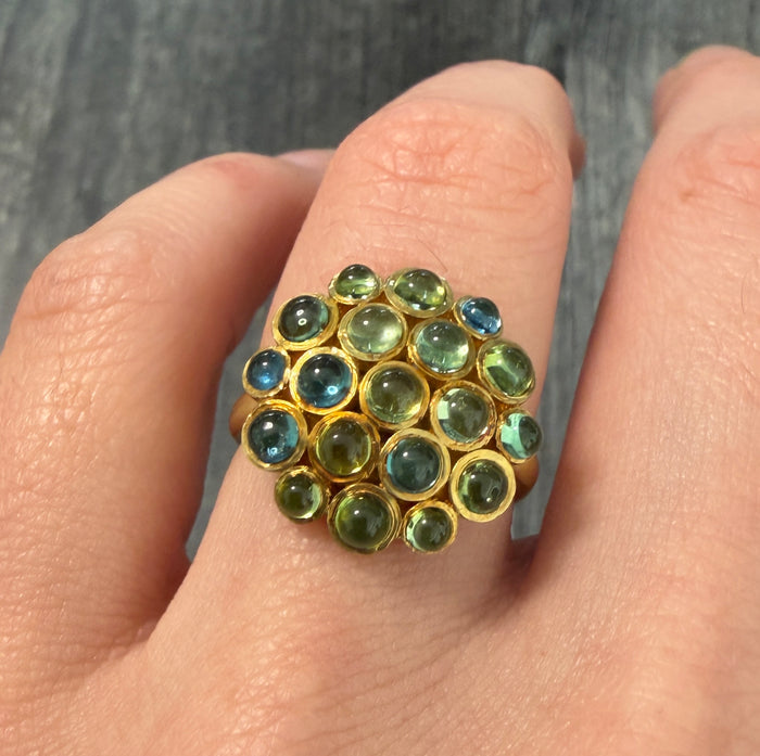 Cabochon Peridot and Blue Topaz Cluster Ring in 18K Gold
