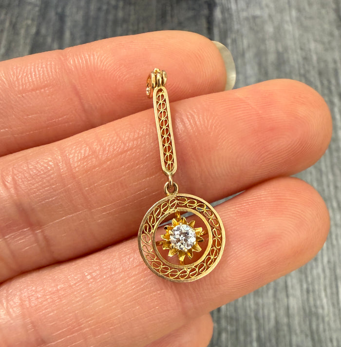 Art Deco Filigree and Diamond Drop Charm in 14K Gold (S)