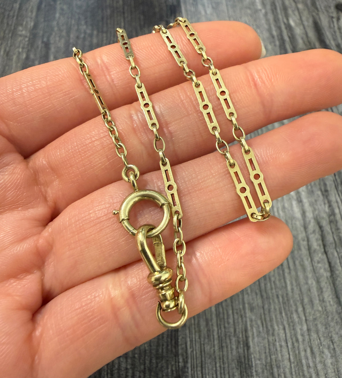 Art Deco 14K Gold Cutout Bar Link Watch Chain, 14.3" Long