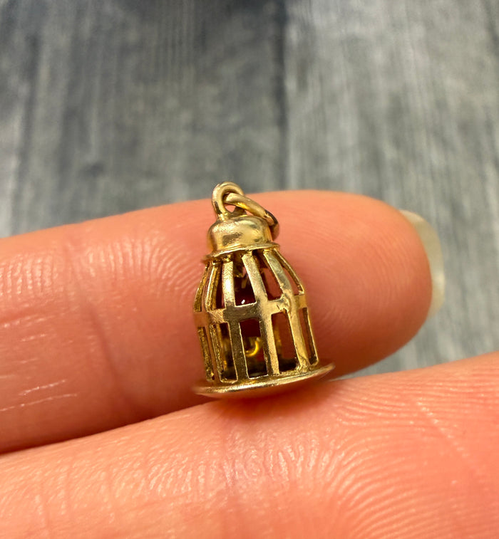 Vintage Bird Cage Charm In 14K Gold