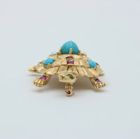 Vintage Turquoise, Ruby, and 18K Gold Turtle Brooch