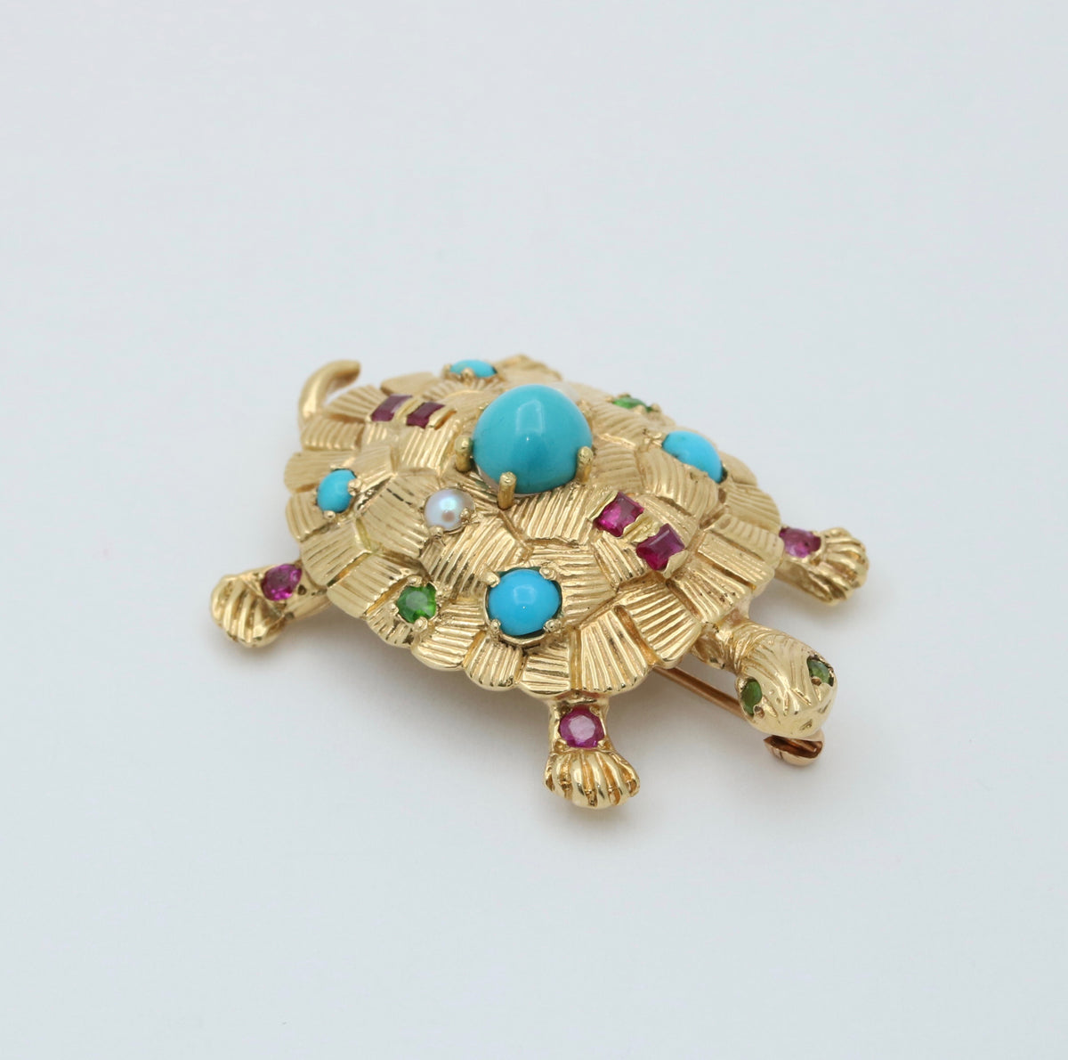 Vintage Turquoise, Ruby, and 18K Gold Turtle Brooch