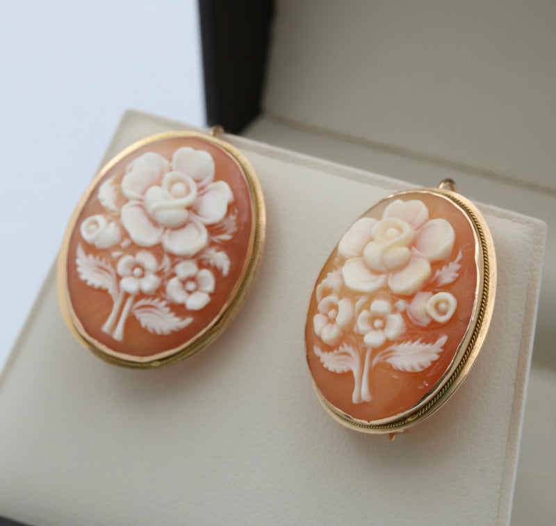 Vintage Italian 14K Gold Carved Shell Cameo Earrings