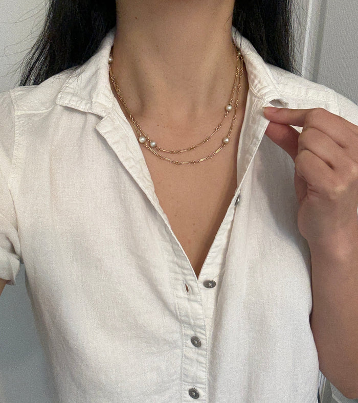 Vintage Pearl and Bar Link Necklace, 36" Long