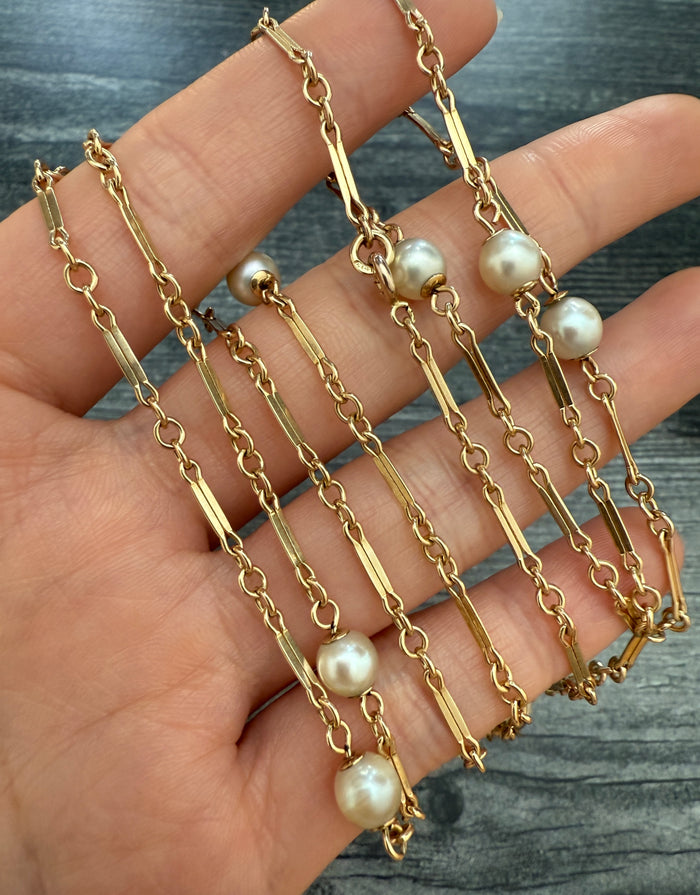 Vintage Pearl and Bar Link Necklace, 36" Long