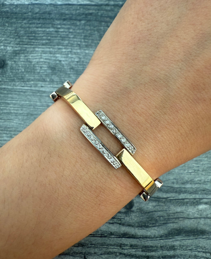 Diamond Tank Style 18K Gold Bracelet, 6.4" Long
