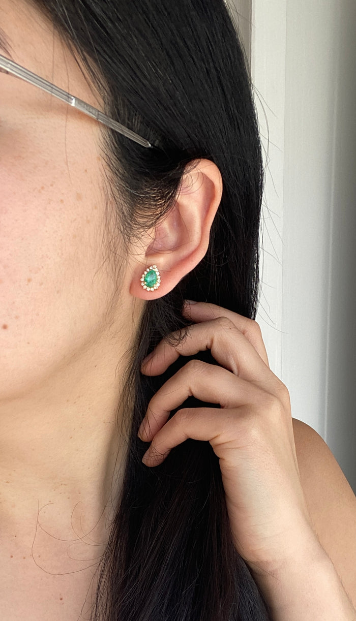 1.6 Carat Pear Shape Emerald and Diamond Stud Earrings